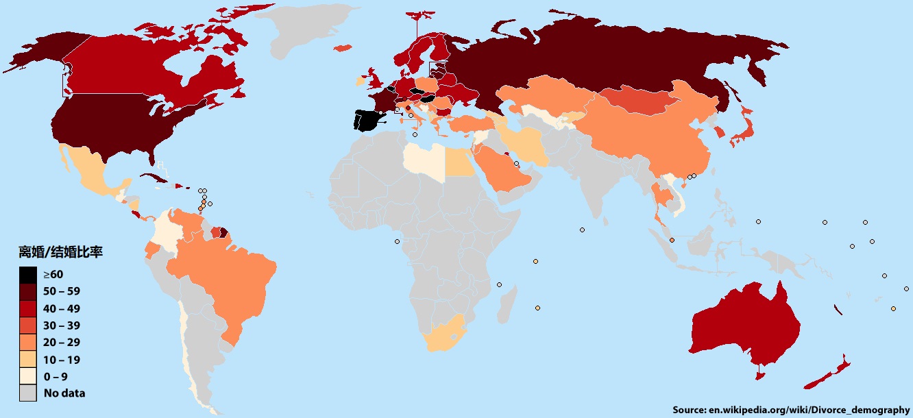 上图:世界各国的离婚/结婚比率。离婚率最高的前20名都是欧美基督教传统的国家,正表明这些国家背离神的属灵光景。其中俄罗斯的离婚率是52%(2011年),欧盟是44%(2015年),美国46%(201年),加拿大48%(2008年),中国30%(2015年)。